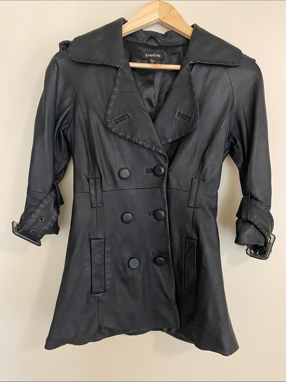 Xs bebe Black 100%leather Trench Coat